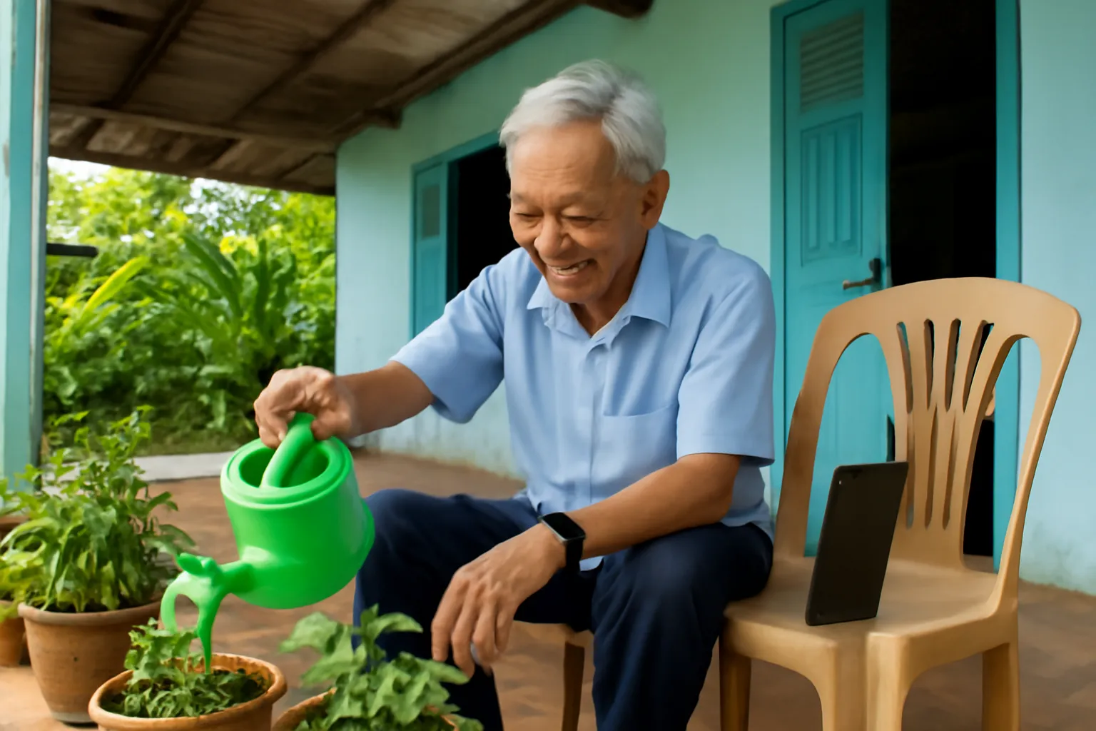 Ông cụ đeo đồng hồ thông minh tưới cây trước hiên nhà ở quê