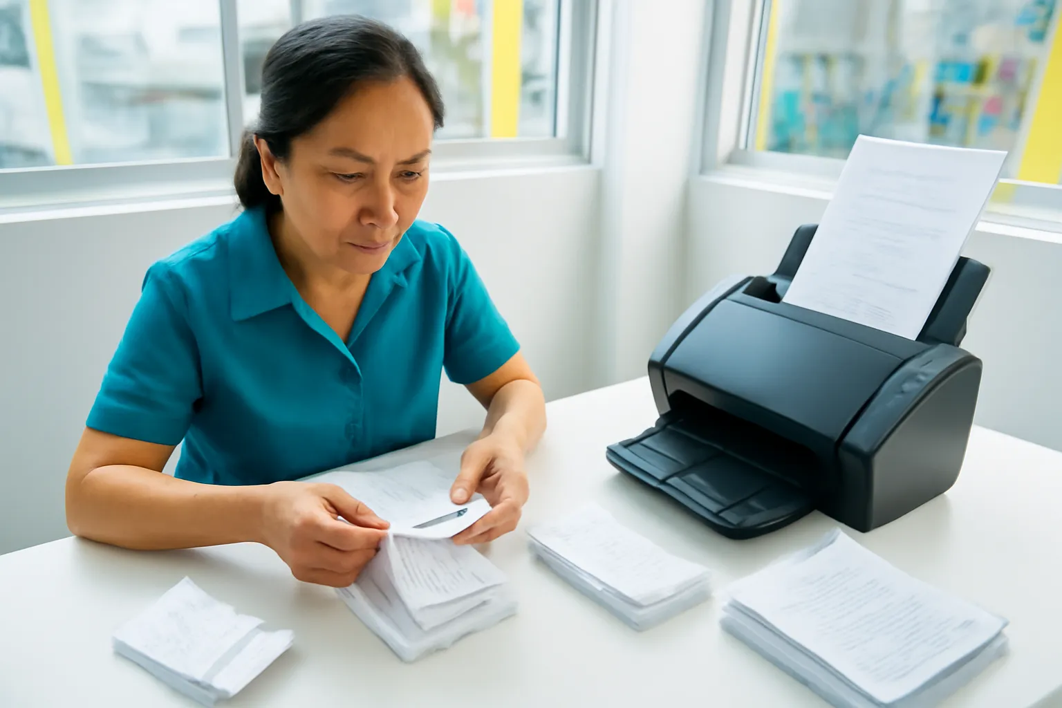 Nữ kế toán xếp chồng hóa đơn giấy bên cạnh máy quét trong văn phòng nhà máy