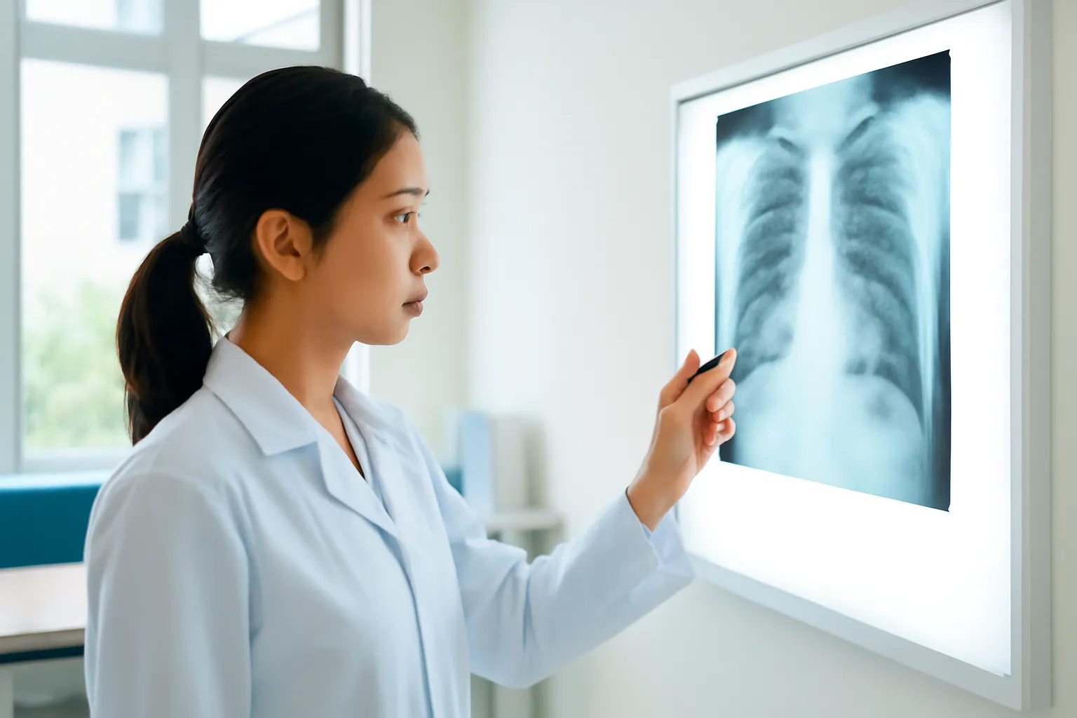 Bác sĩ nữ xem phim X-quang phổi trên hộp đèn trong phòng sáng