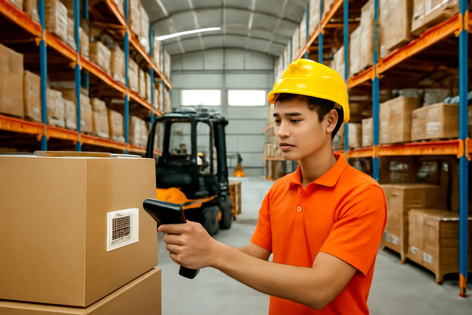 Nhân viên kho quét mã thùng hàng giữa các dãy kệ cao trong kho hàng rộng