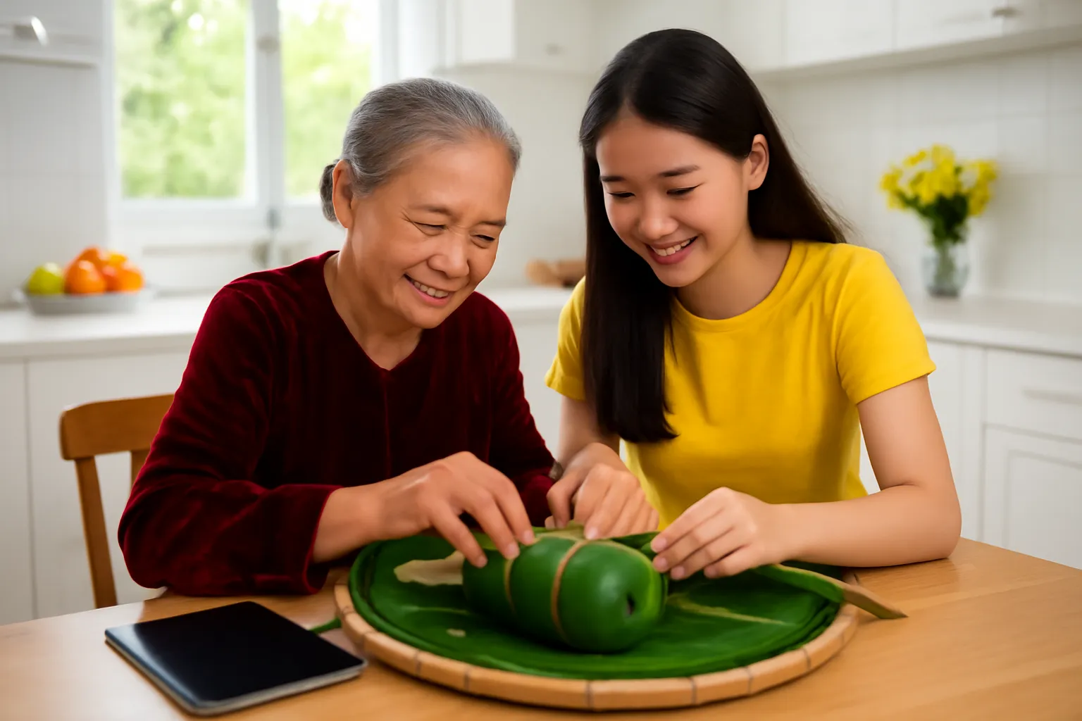 Bà và cháu gái gói bánh chưng trong bếp, máy tính bảng úp bên mâm lá dong