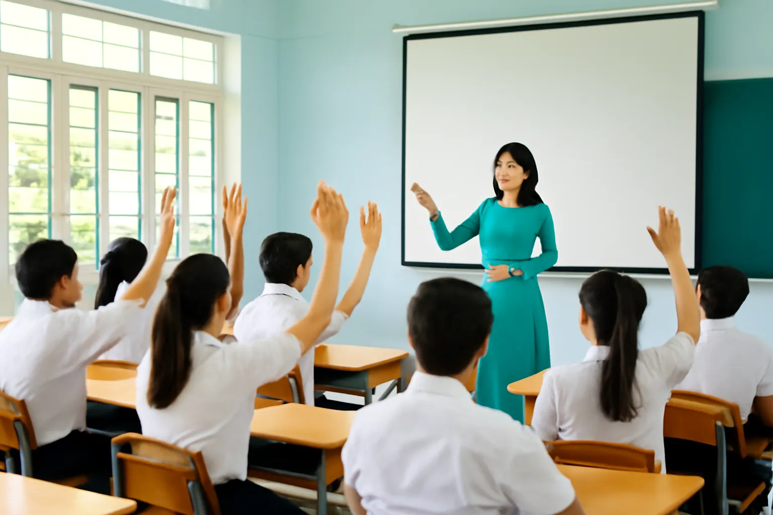 Cô giáo cấp ba đứng giảng trước lớp, học sinh giơ tay hỏi bài