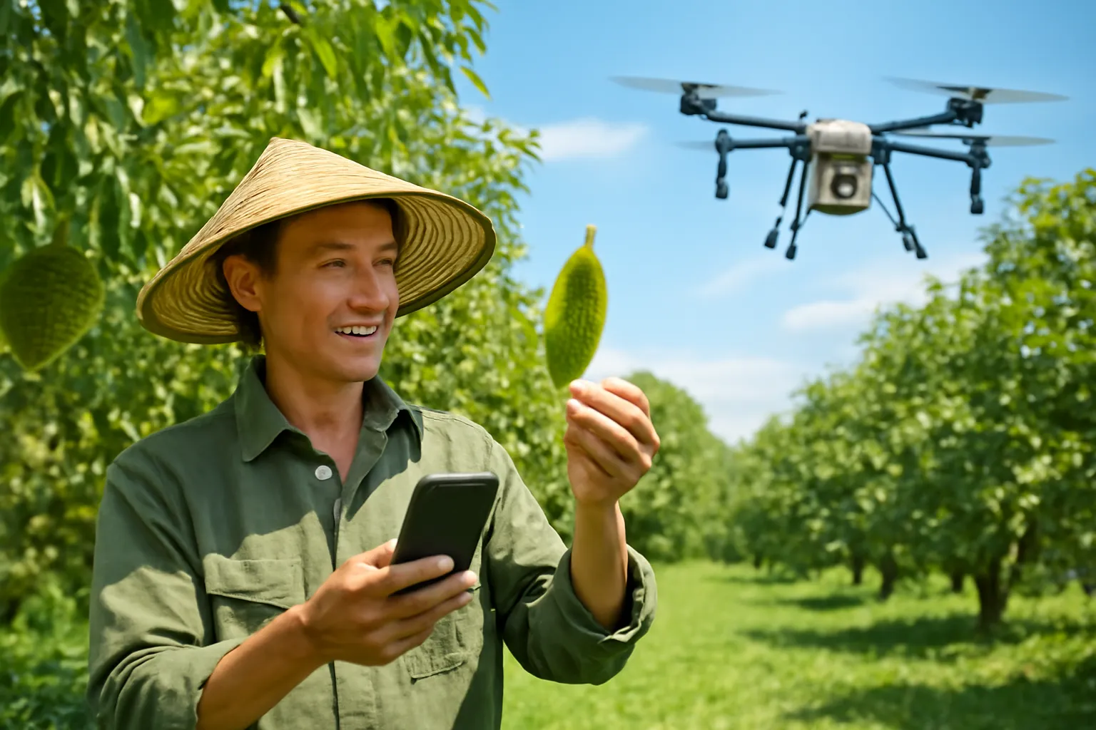 Nông dân chụp ảnh lá sầu riêng trong vườn, drone bay phía xa