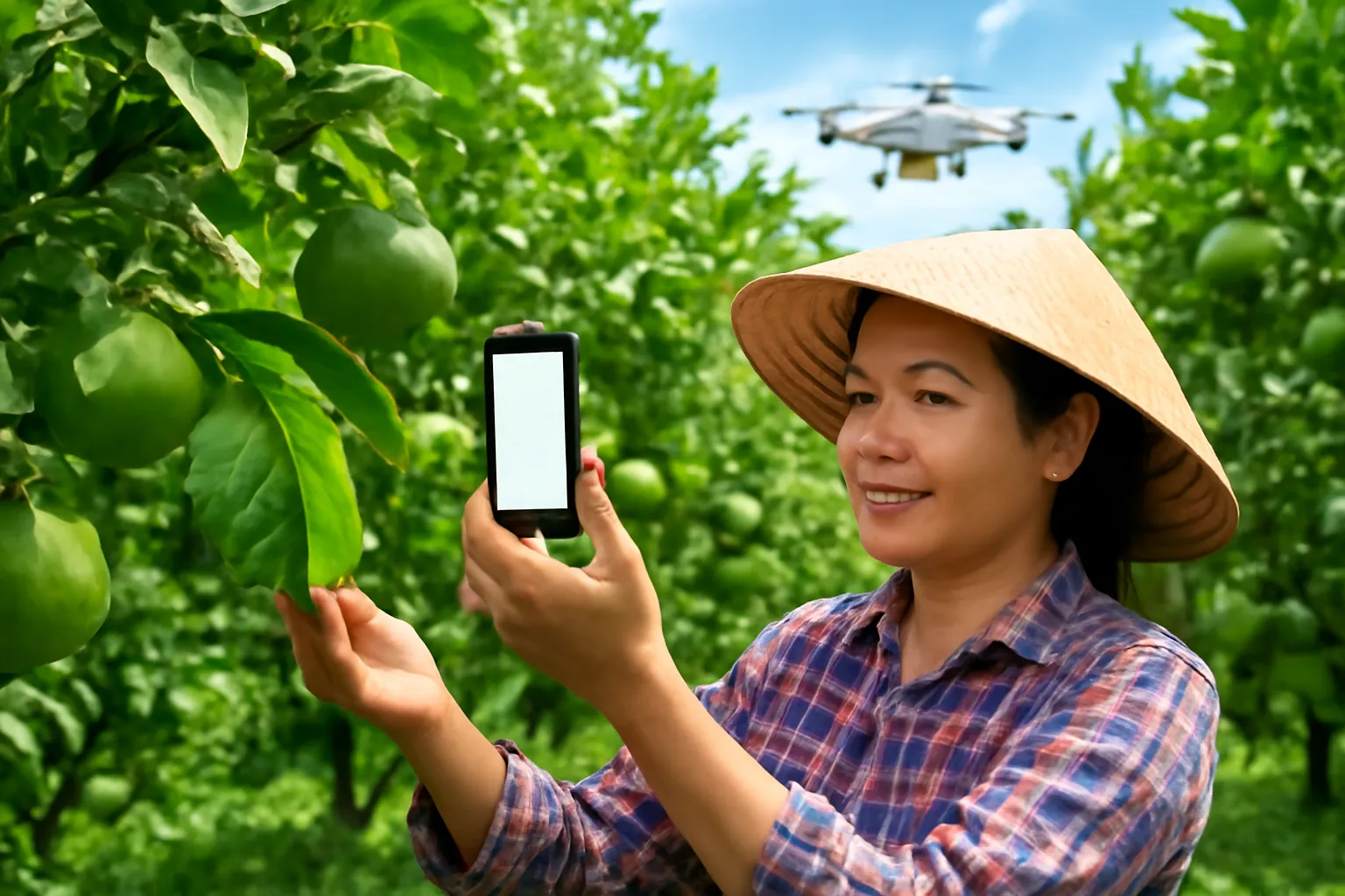 Nữ chủ vườn bưởi cầm điện thoại chụp lá, phía sau có máy bay không người lái