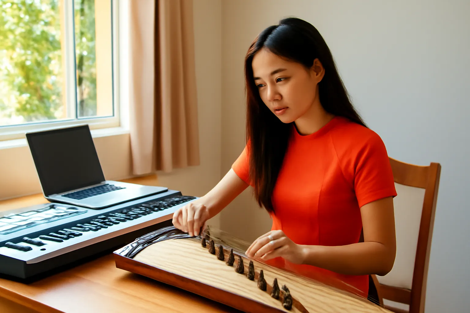 Nhạc công trẻ chơi đàn tranh bên cạnh bàn phím điện tử trong căn phòng nhiều nắng
