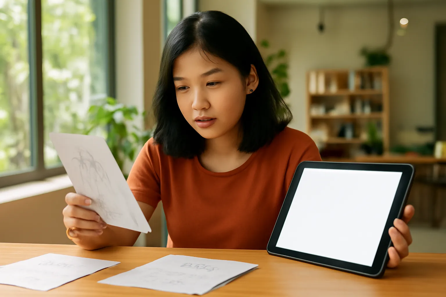 Nữ họa sĩ minh họa so bản phác giấy với máy tính bảng trong không gian làm việc chung