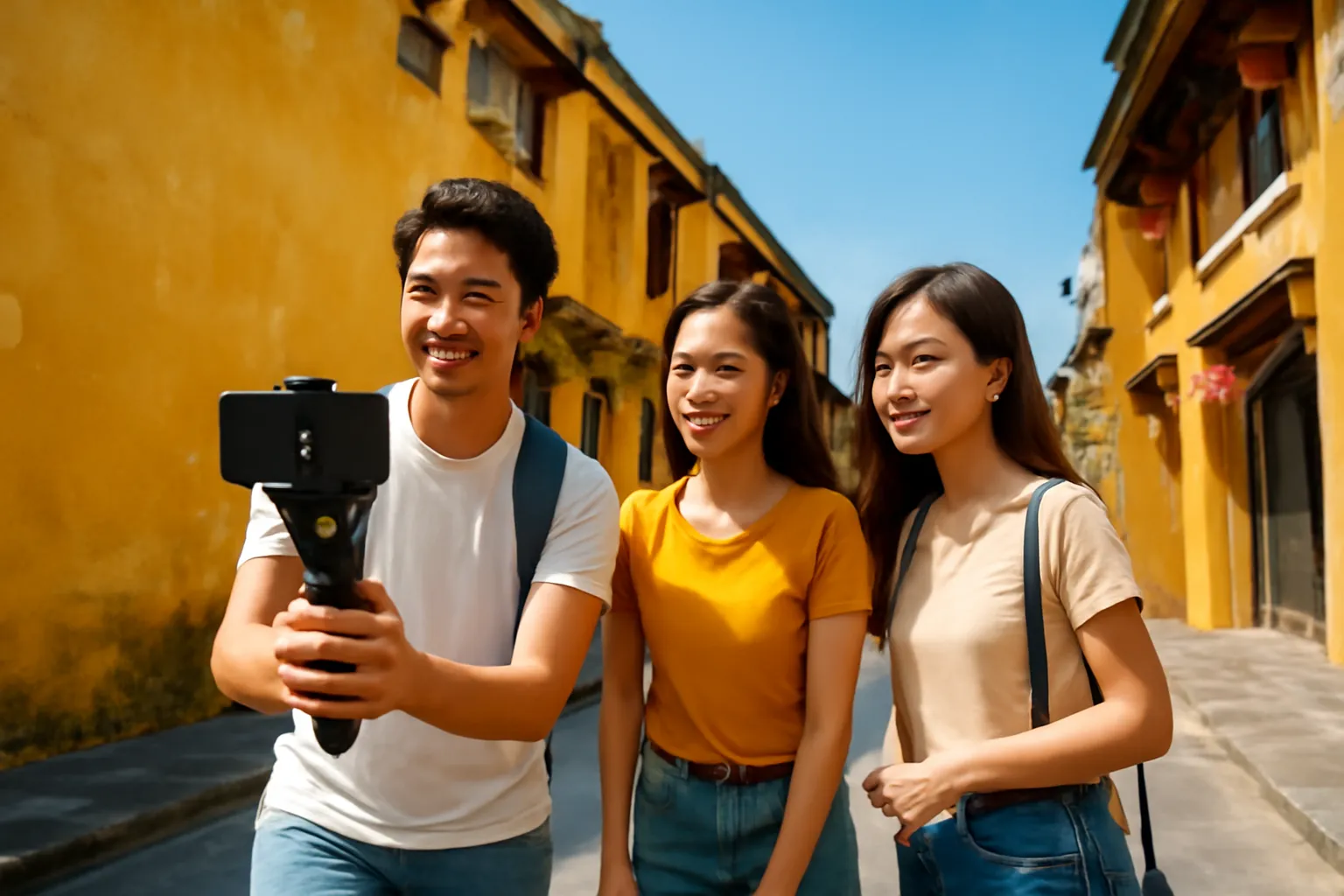 Nhóm bạn trẻ quay video bằng điện thoại gắn tay cầm chống rung trên phố cổ buổi sáng