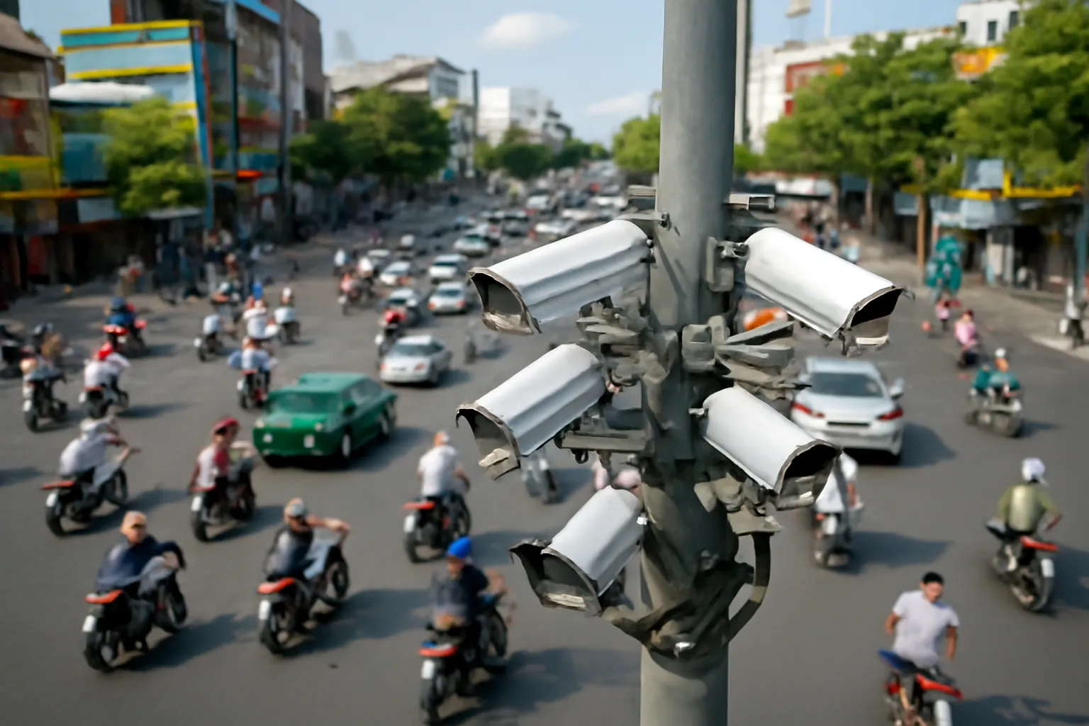 Ngã tư thành phố đông xe máy nhìn từ trên cao, camera trên cột đèn