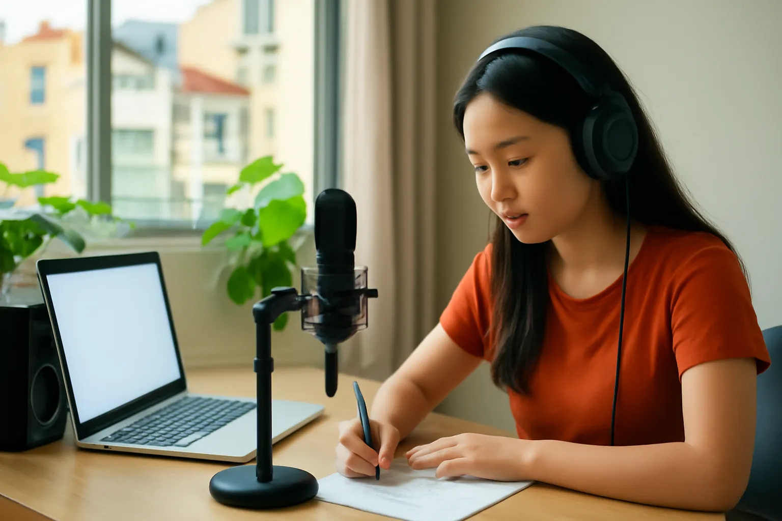 Cô gái đeo tai nghe viết lời bài hát trong góc thu âm tại nhà