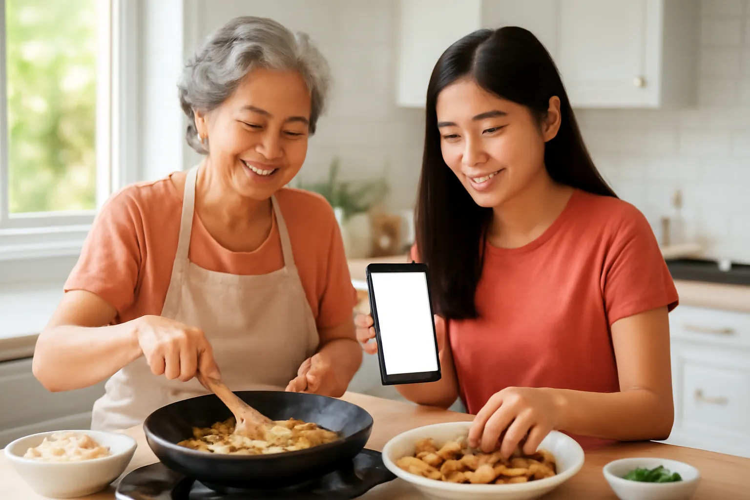 Bà và cháu gái cùng nấu món chay với đậu hũ và nấm trong bếp sáng
