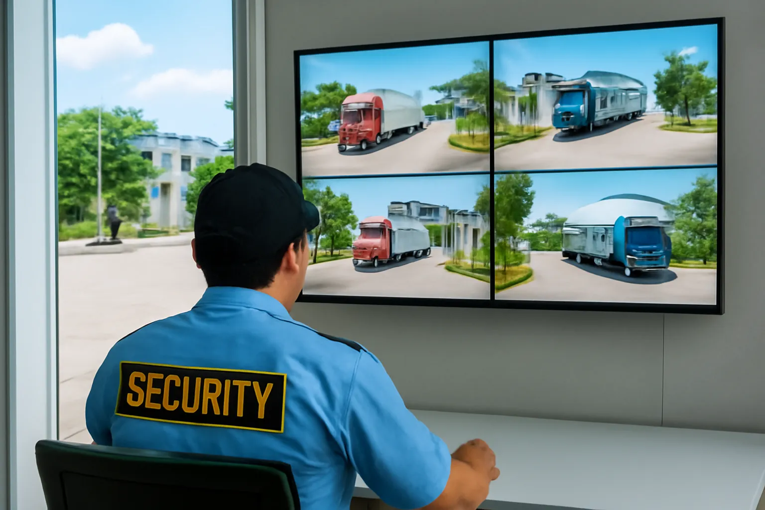 Nhân viên bảo vệ khu công nghiệp theo dõi dãy màn hình giám sát ở cổng