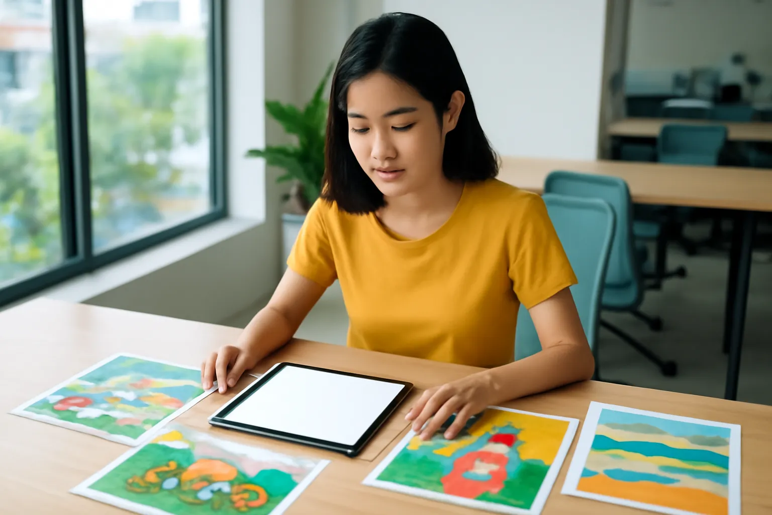 Họa sĩ trẻ so các bản in tranh trên bàn ở không gian làm việc chung