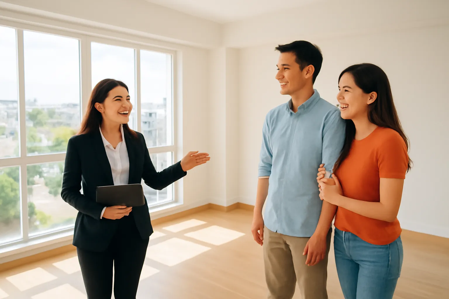 Người môi giới trẻ dẫn cặp vợ chồng xem căn hộ sáng sủa ở Thủ Đức