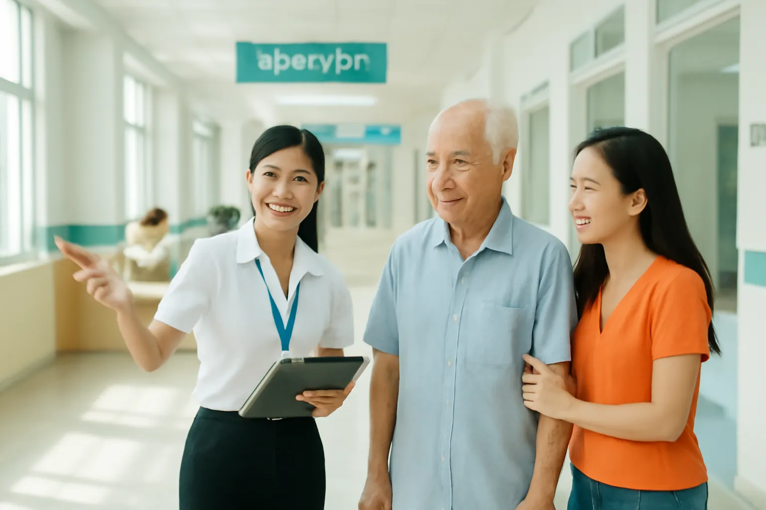 Người bệnh lớn tuổi được nhân viên hướng dẫn tại sảnh bệnh viện tỉnh buổi sáng