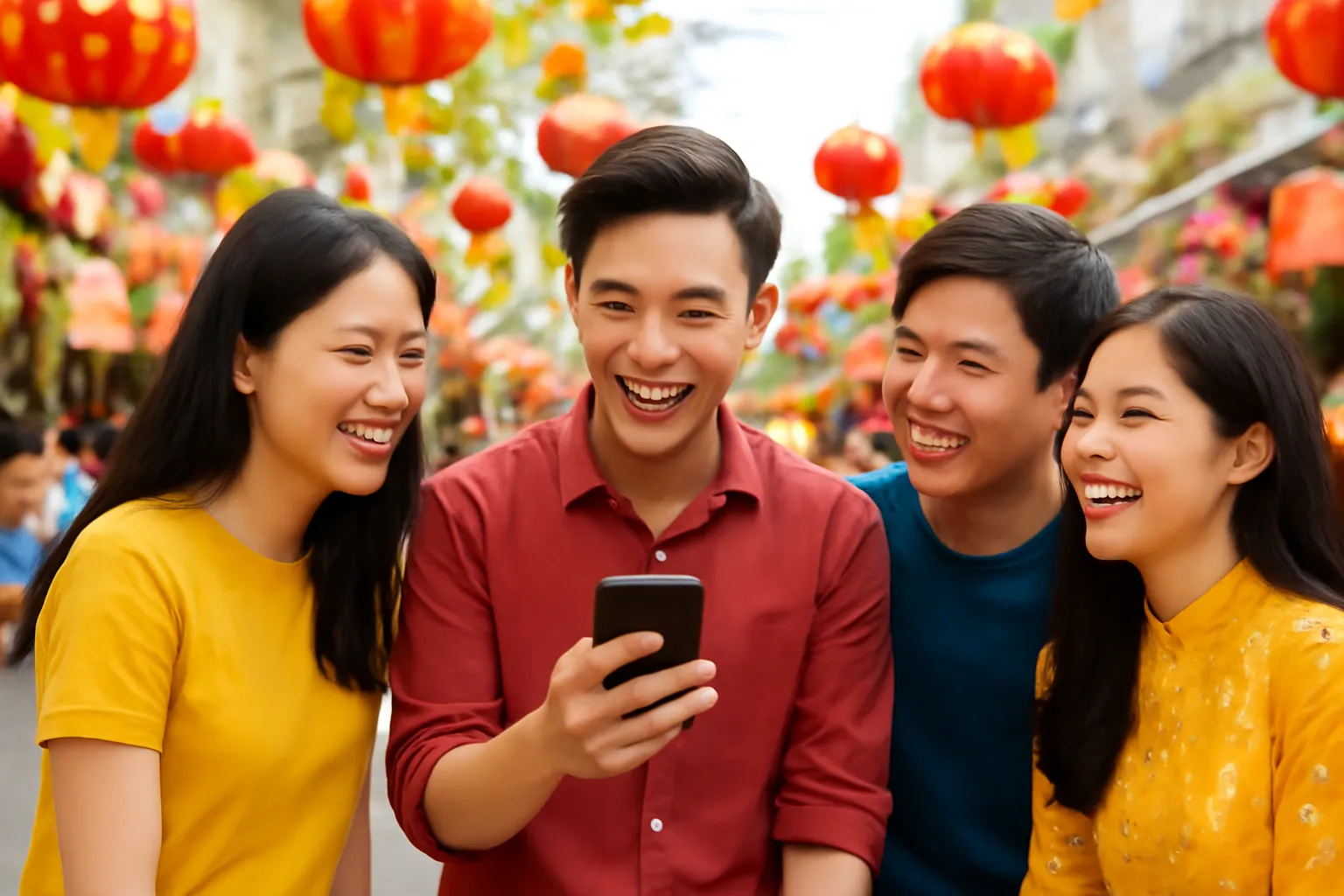 Nhóm bạn trẻ cười đùa bên điện thoại ở hội chợ Tết đầy đèn lồng đỏ