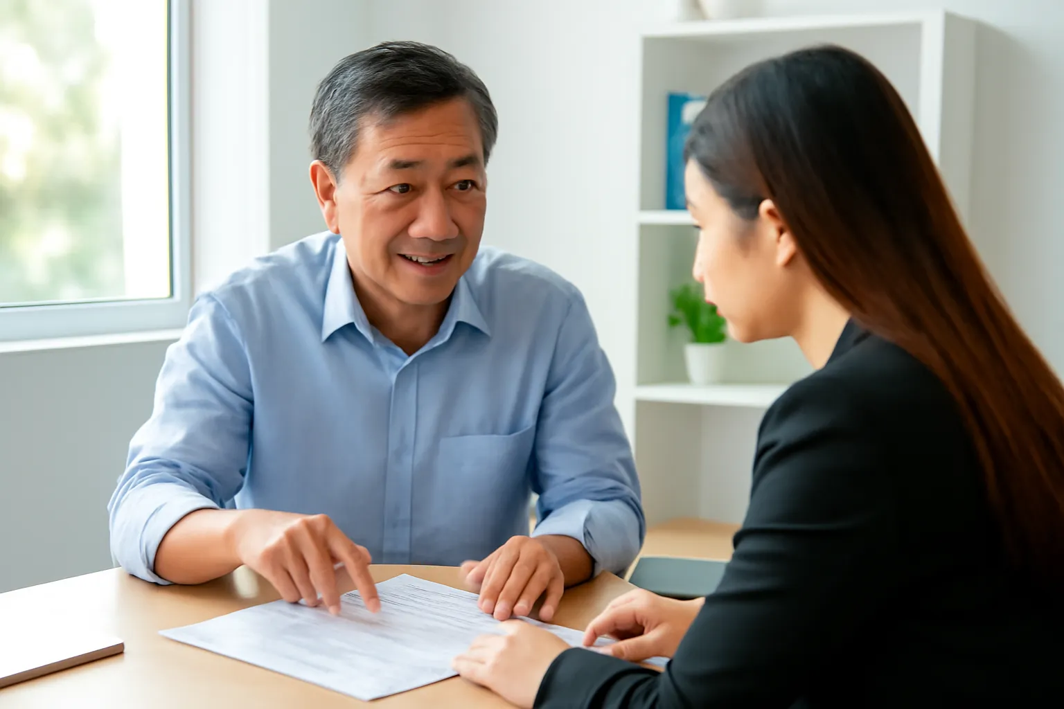 Người đàn ông trung niên ngồi trao đổi giấy tờ với chuyên viên tư vấn tại văn phòng nhỏ