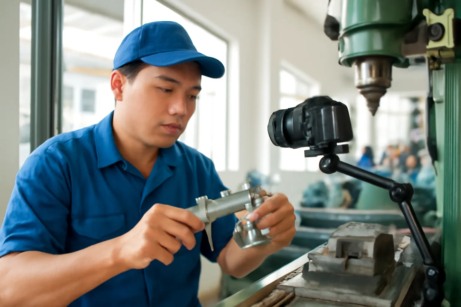 Kỹ thuật viên xưởng cơ khí đo chi tiết vừa gia công bằng thước cặp