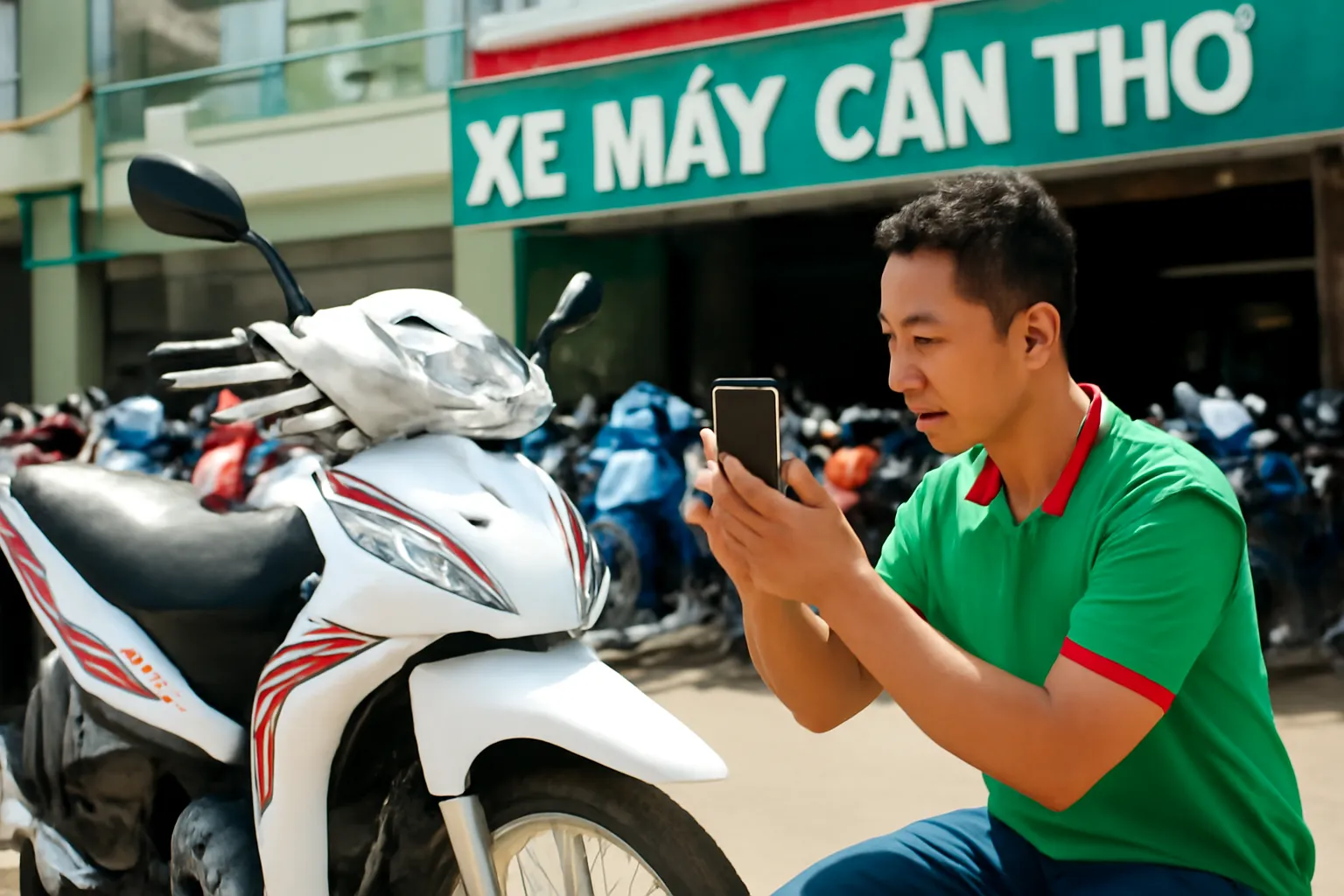 Nhân viên tiệm xe máy cũ chụp ảnh chiếc xe tay ga bằng điện thoại