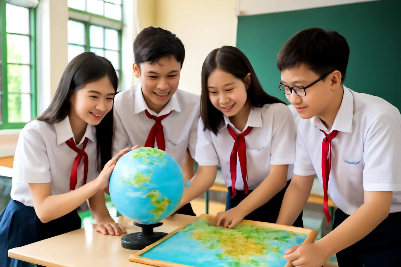 Học sinh cấp ba quây quanh quả địa cầu trong giờ học Địa ở Huế