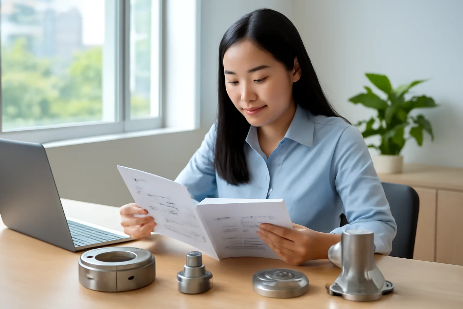 Biên dịch viên đọc tài liệu kỹ thuật in bên linh kiện mẫu trong văn phòng