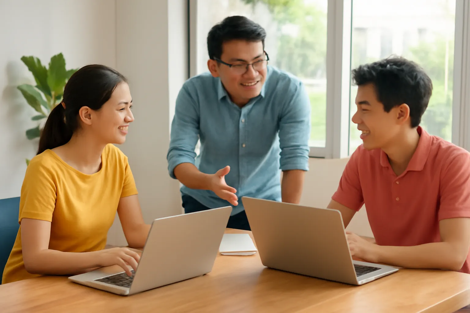 Chủ shop online cùng hai nhân viên bàn ý tưởng quanh bàn có laptop