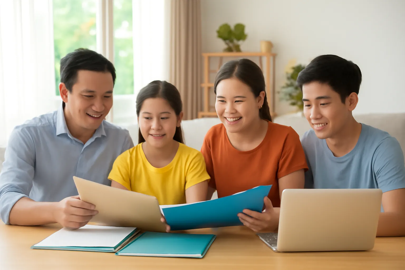 Gia đình bốn người ngồi bàn hồ sơ định cư trong phòng khách
