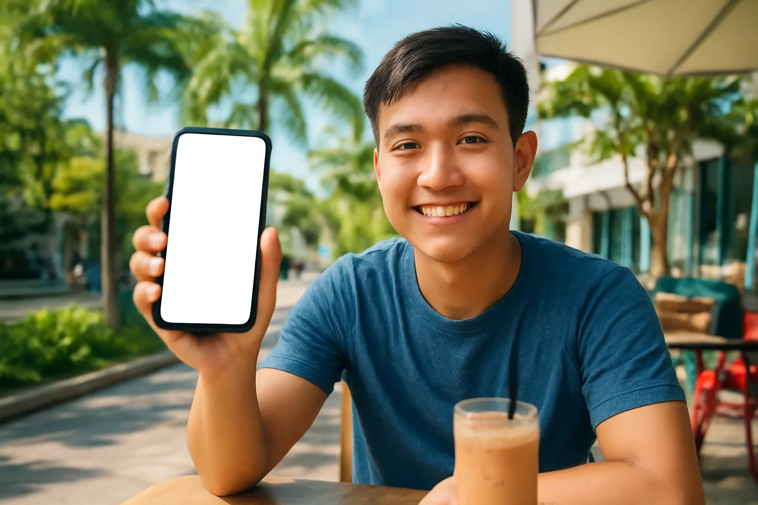 Chàng trai ở quán cà phê Đà Nẵng giơ điện thoại tự chụp để xác minh danh tính