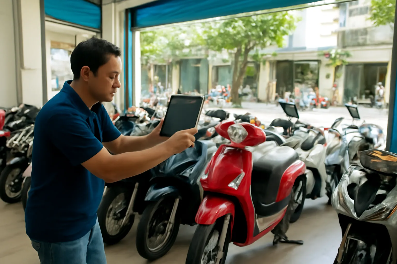 Chủ tiệm xe máy cũ ở TP.HCM dùng máy tính bảng chụp xe giữa dãy xe