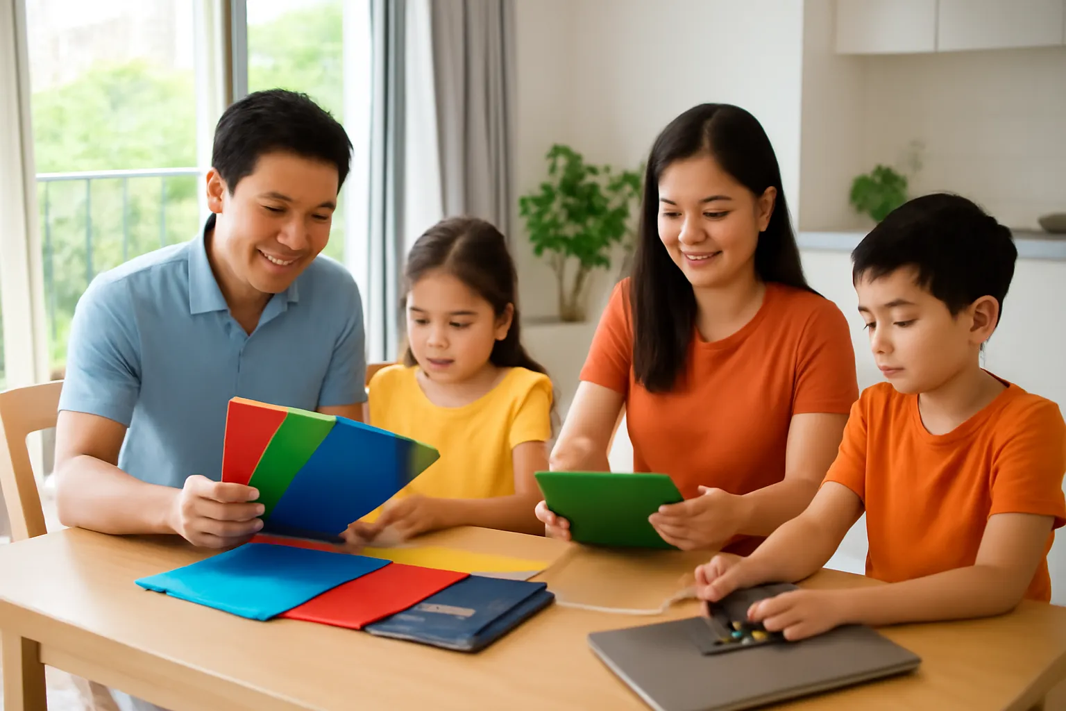 Gia đình bốn người bên bàn ăn sắp xếp bìa hồ sơ hộ chiếu, laptop quay đi
