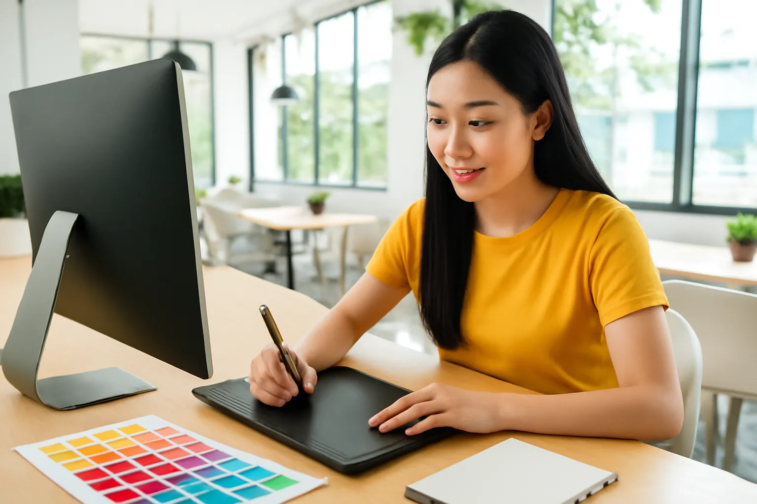 Nữ thiết kế trong studio làm việc chung ở Sài Gòn vẽ trên bảng vẽ điện tử