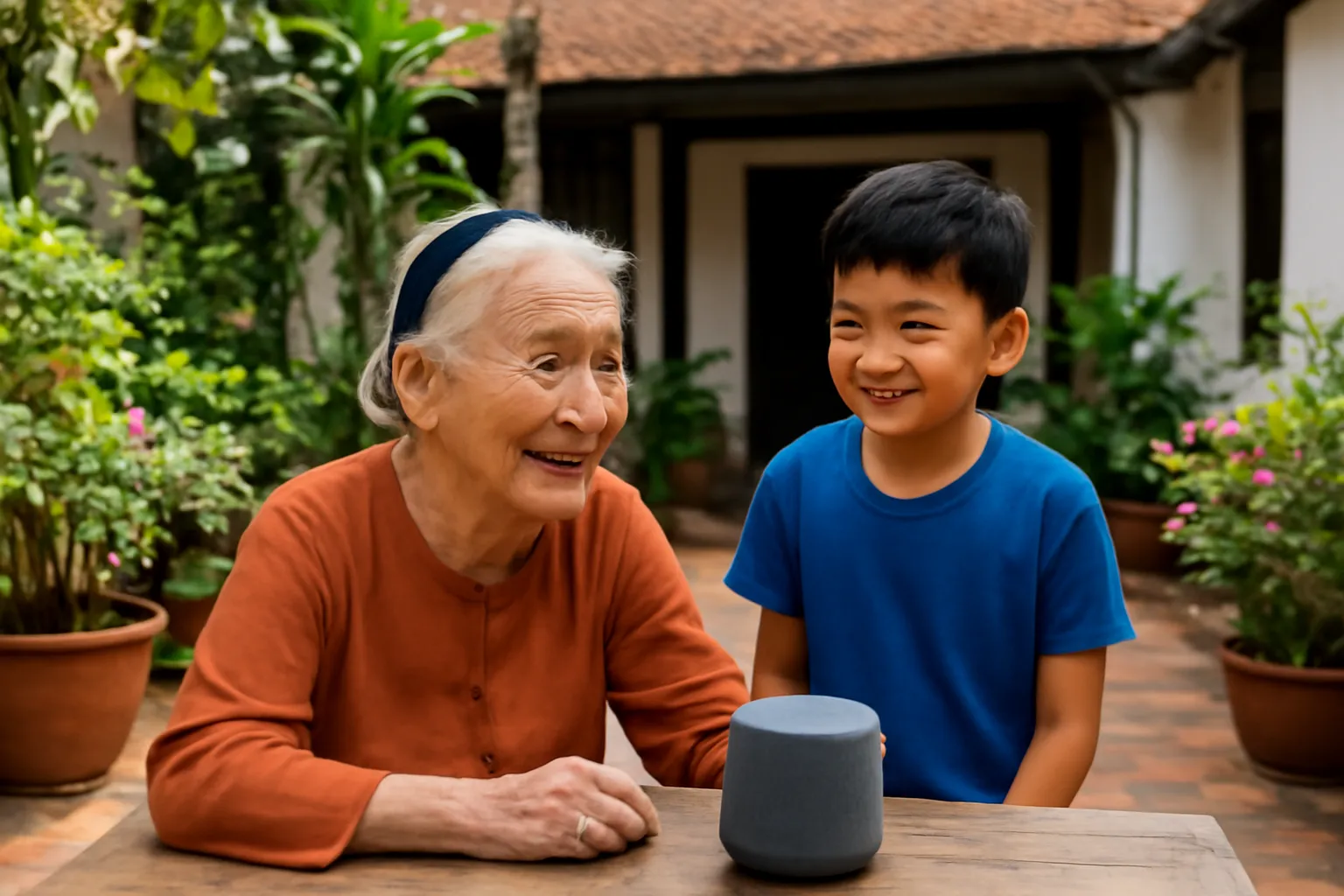 Bà cụ ở sân nhà vườn Huế nói chuyện với loa thông minh, cháu ngồi bên