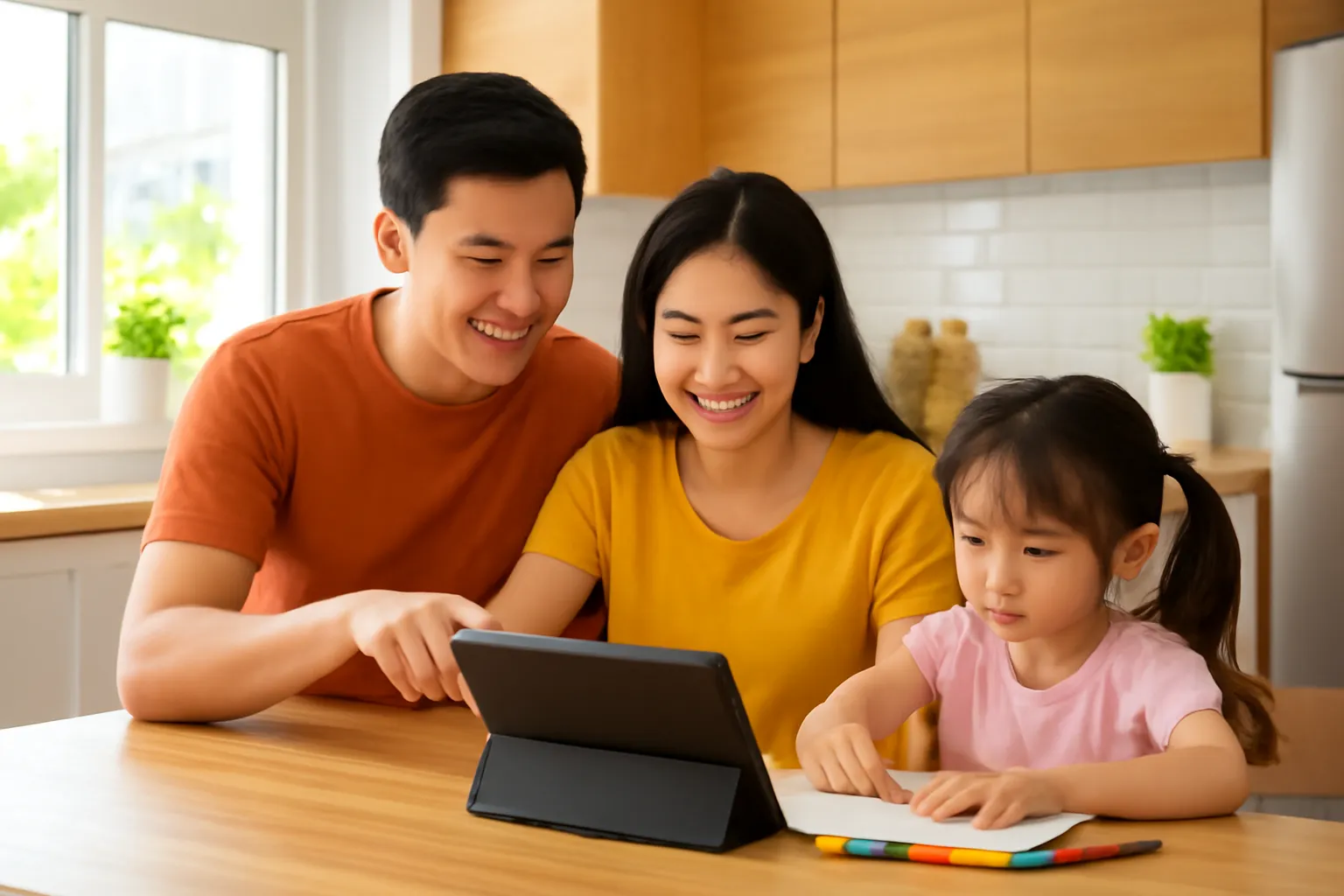 Vợ chồng trẻ trong bếp căn hộ Hà Nội lên thực đơn tuần, con nhỏ vẽ tranh