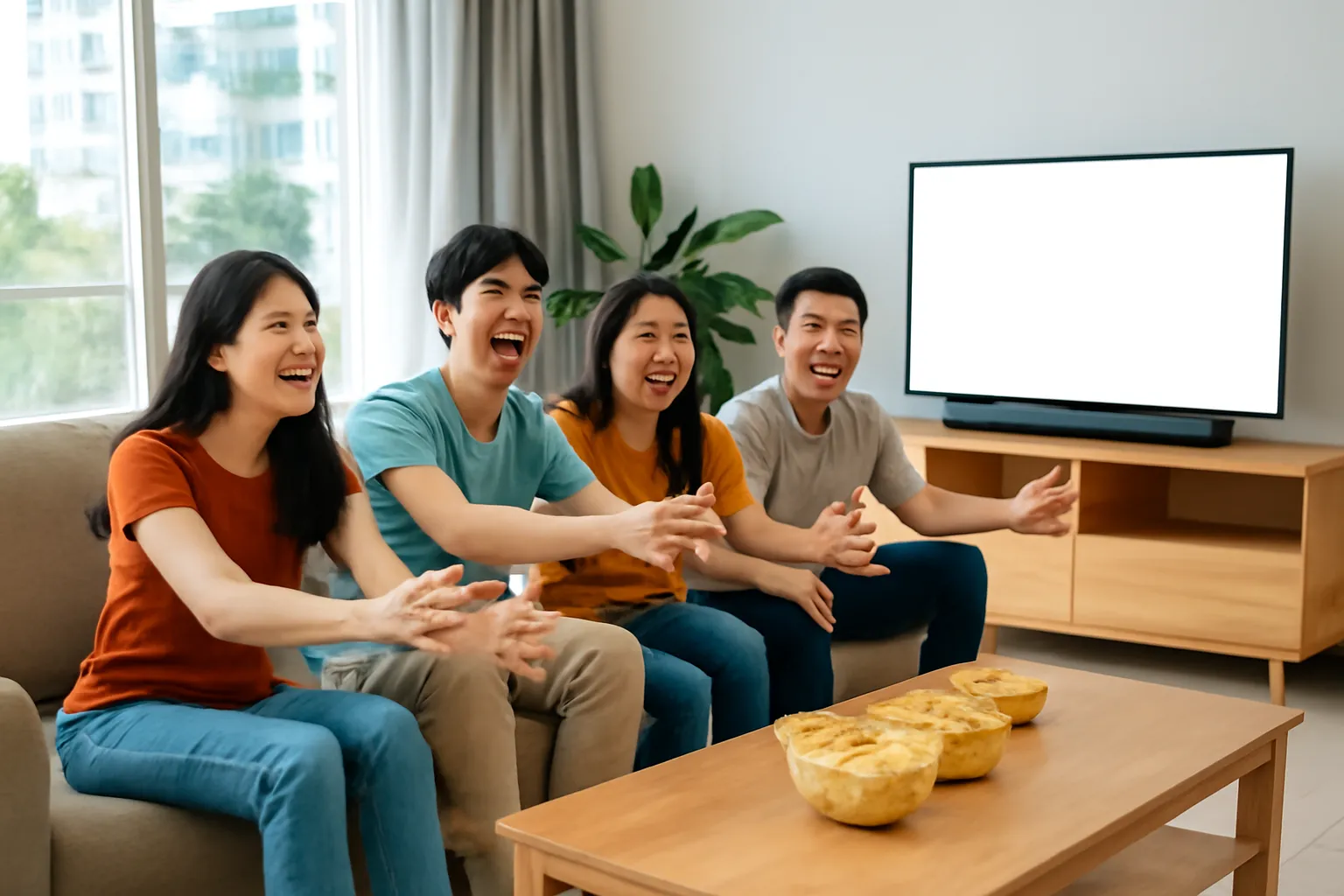 Nhóm bạn trẻ trên sofa căn hộ Sài Gòn cười đùa chơi trò vận động trước TV