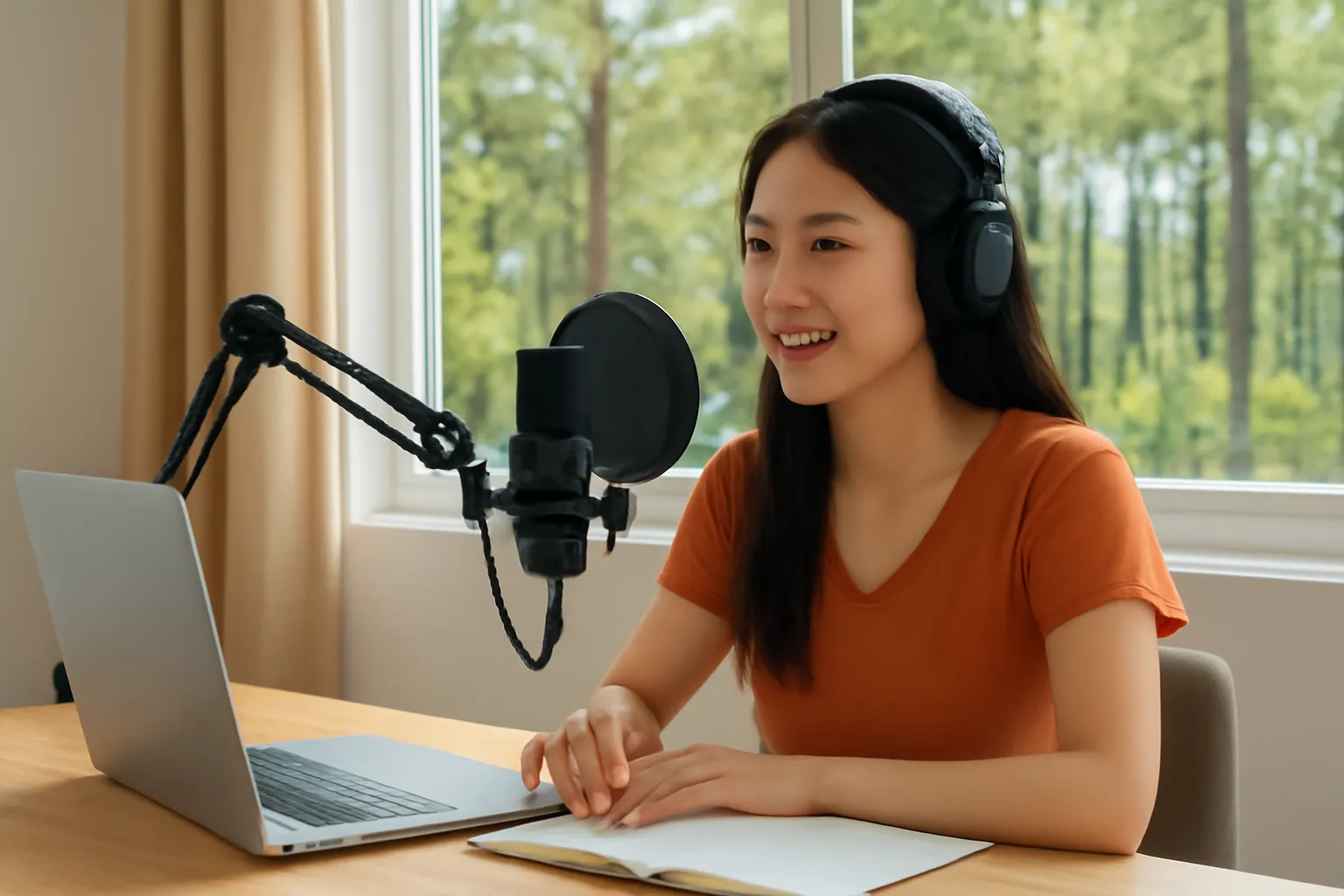 Nữ podcaster thu âm trong phòng nhỏ ở Đà Lạt, micro có lưới lọc