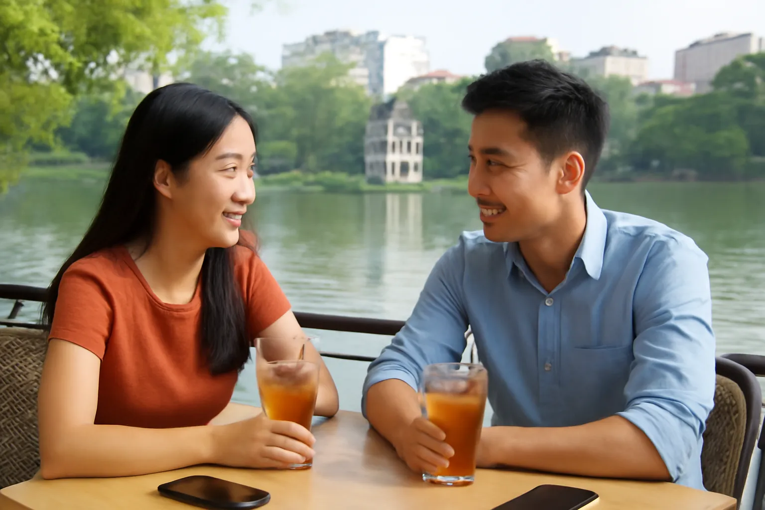 Hai bạn trẻ gặp mặt lần đầu ở quán cà phê ven hồ Hà Nội ban ngày