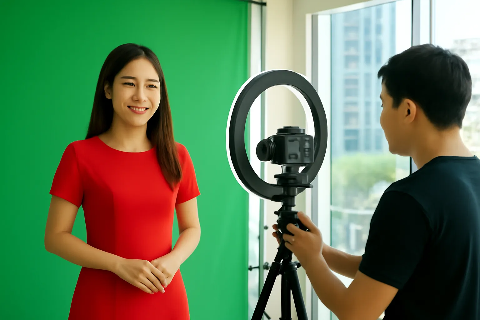 Người dẫn trẻ trong studio livestream TP.HCM đứng trước phông xanh, ê-kíp chỉnh máy