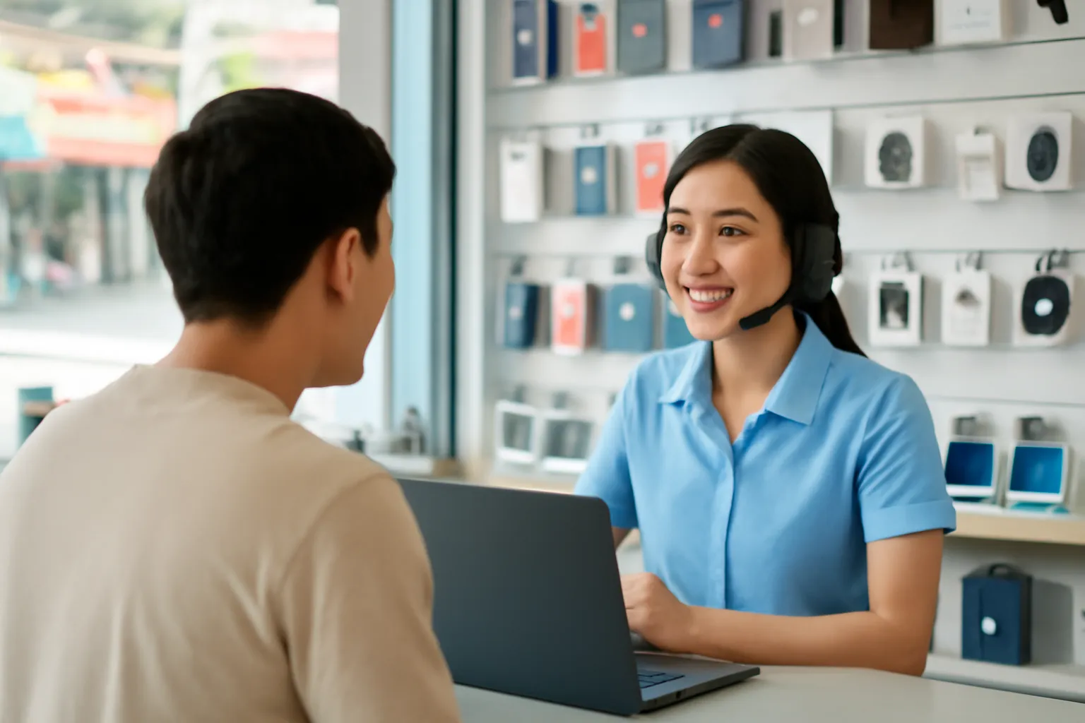 Nhân viên tiệm điện máy ở Cần Thơ đeo tai nghe trò chuyện với khách hàng