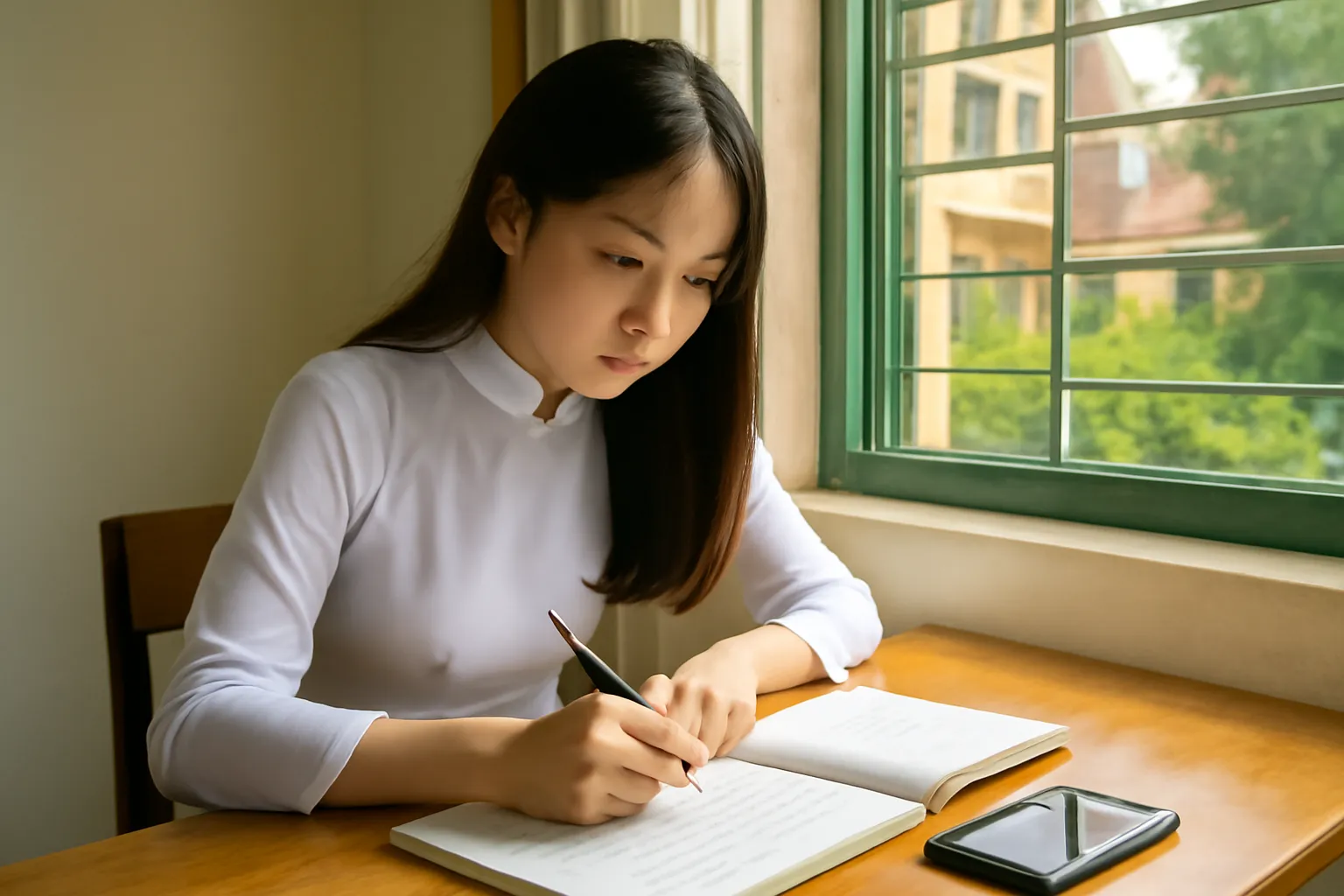 Nữ sinh áo dài trắng làm bài tập Hoá bên bàn gỗ cạnh cửa sổ nắng