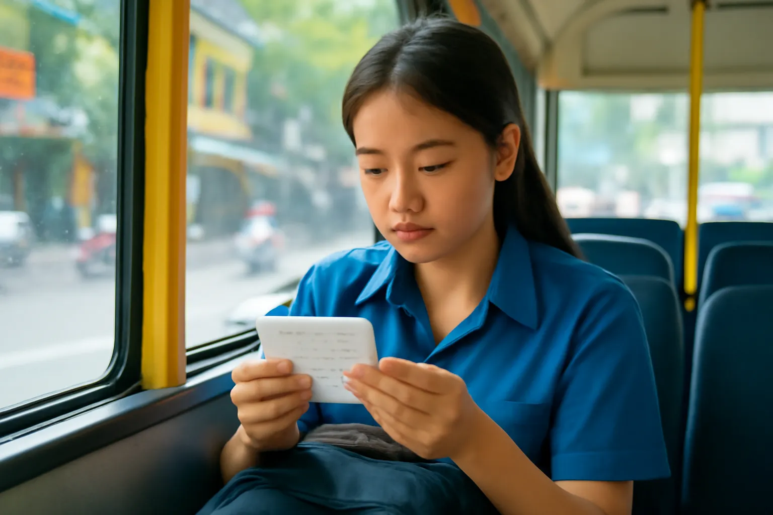 Học viên trẻ ôn thẻ từ vựng trên xe buýt buổi sáng ở Hà Nội