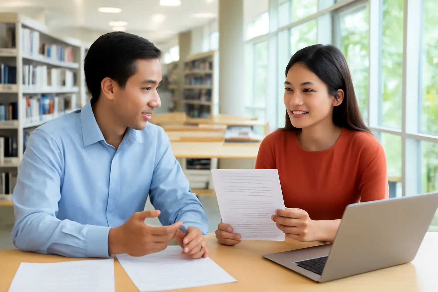 Hai giảng viên trẻ trao đổi đề tài bên bàn dài trong thư viện đại học sáng