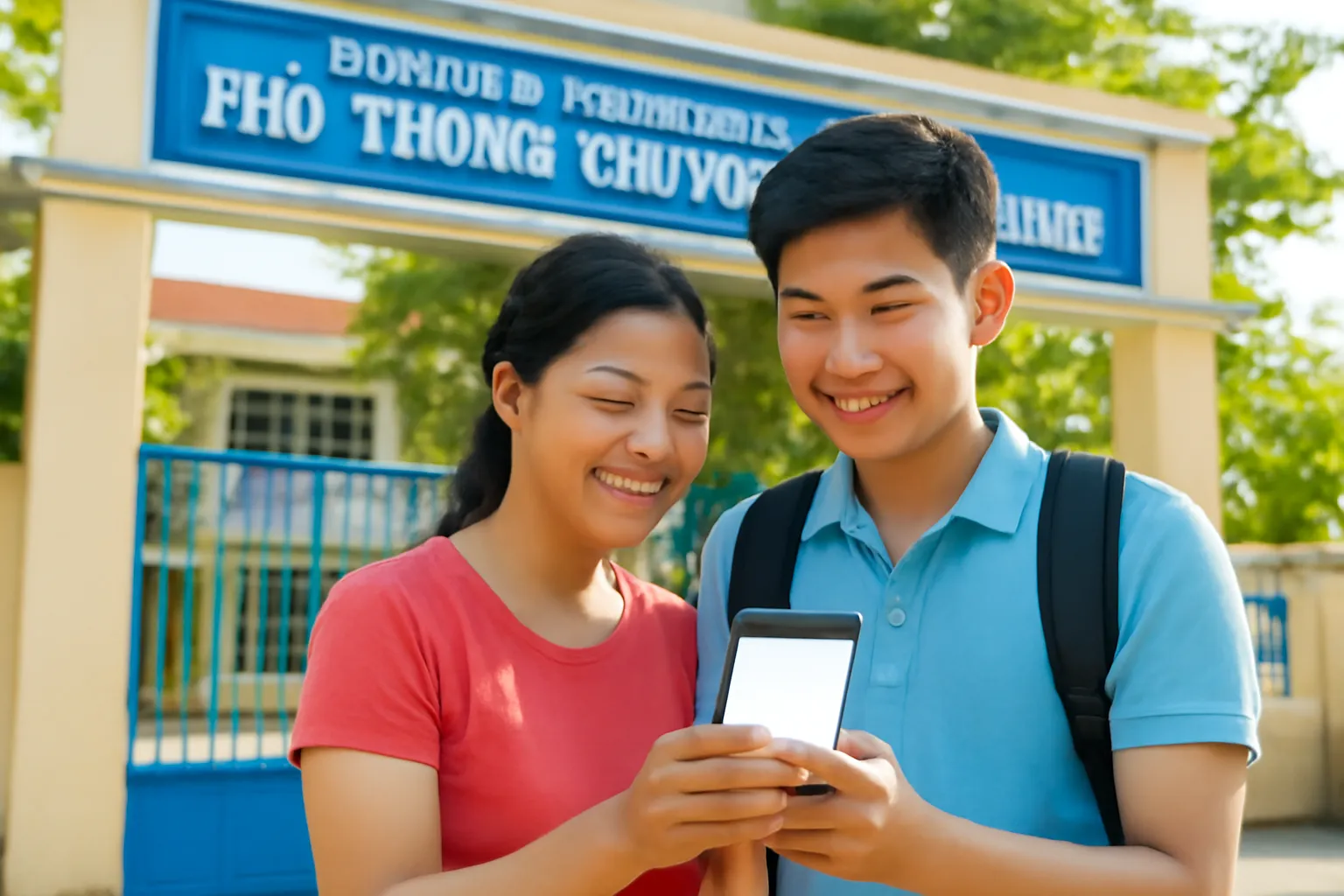 Phụ huynh và học sinh xem điện thoại trước cổng trường cấp ba buổi chiều
