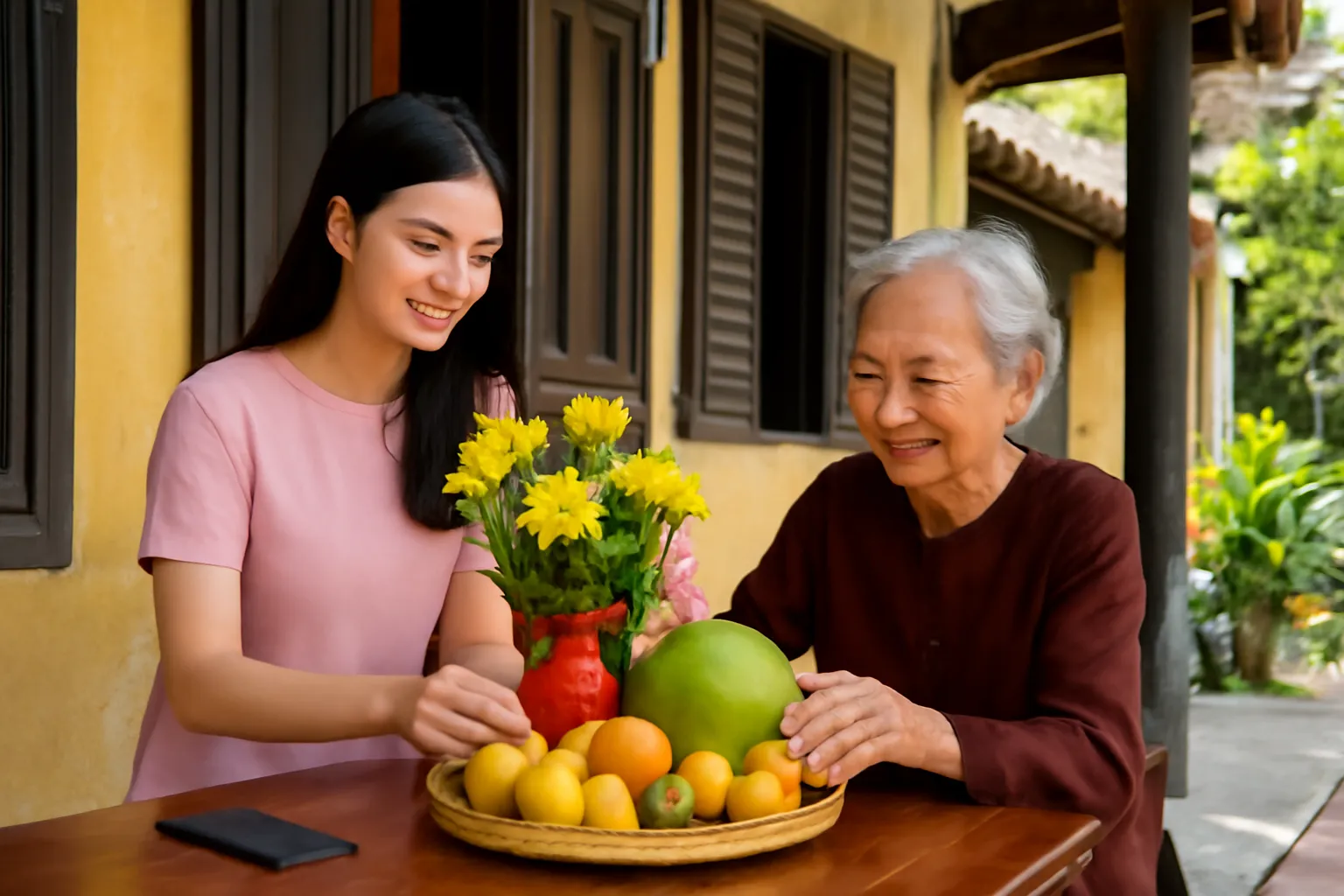 Cô gái trẻ và bà ngoại xếp mâm trái cây ngày rằm ở hiên nhà cổ Hội An