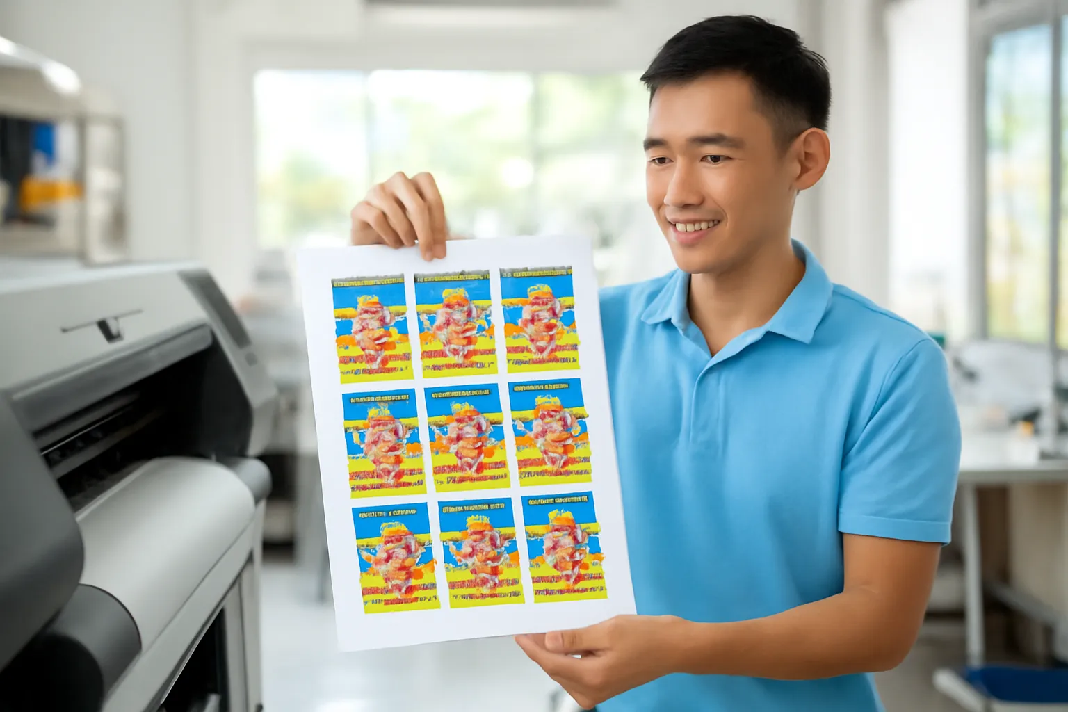 Thợ in trong xưởng sáng cầm tờ tem nhãn vừa in cạnh máy in khổ lớn