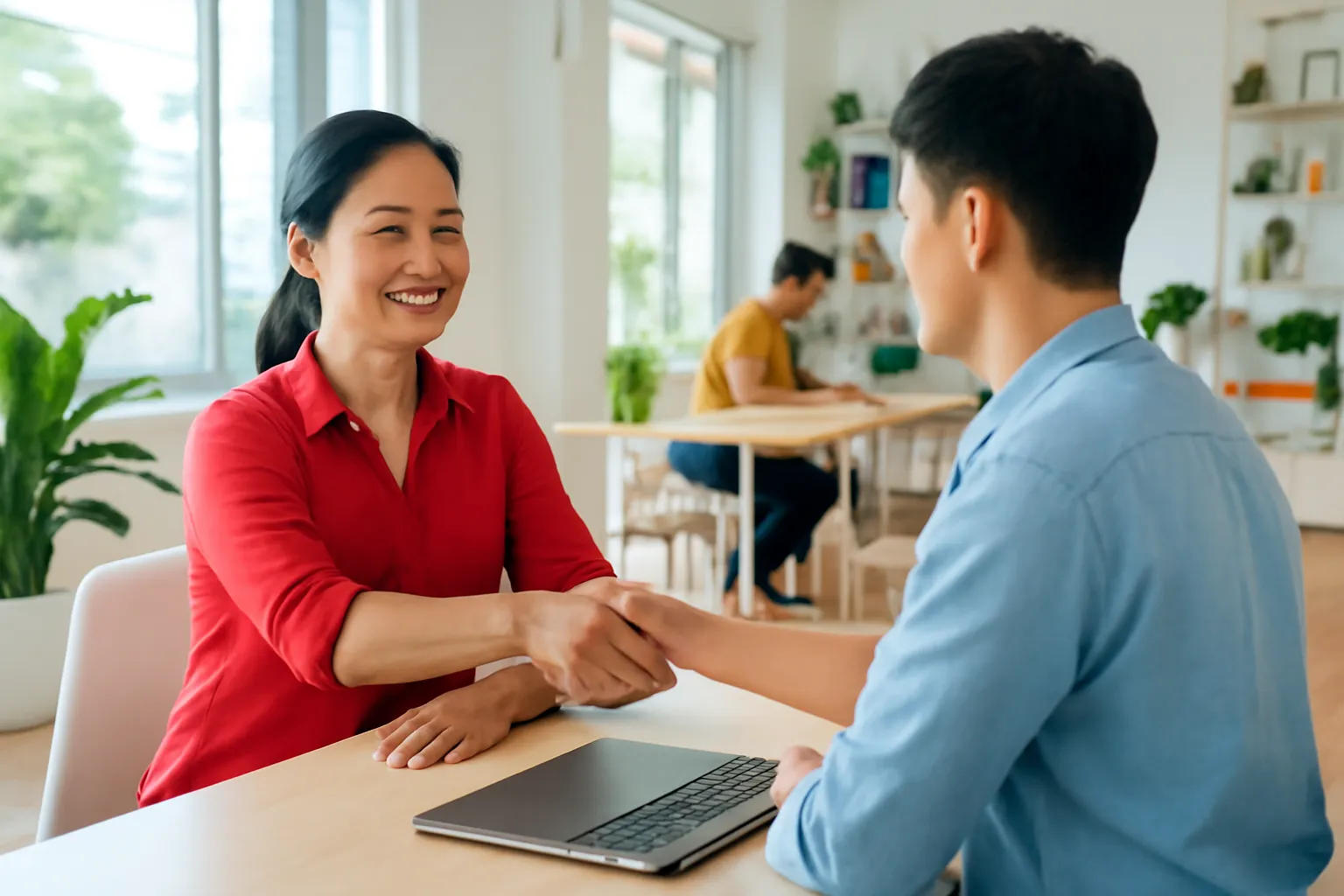 Chủ xưởng may nữ và lập trình viên trẻ bắt tay ở không gian làm việc chung