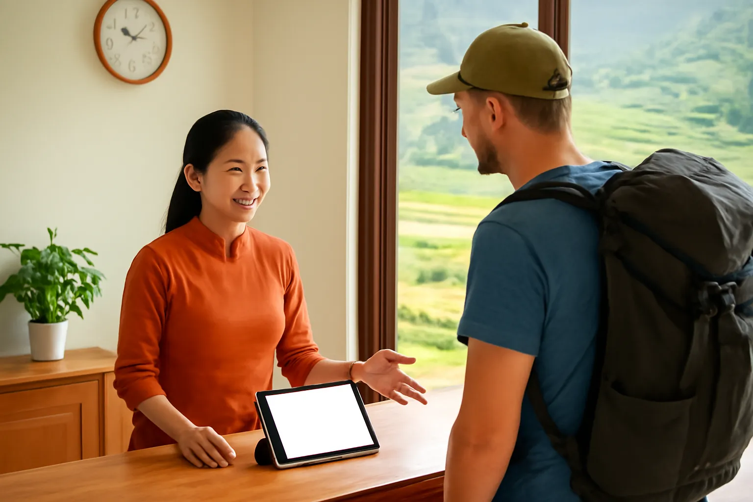 Chủ khách sạn nhỏ ở vùng núi đón khách ba lô tại quầy gỗ sáng nắng