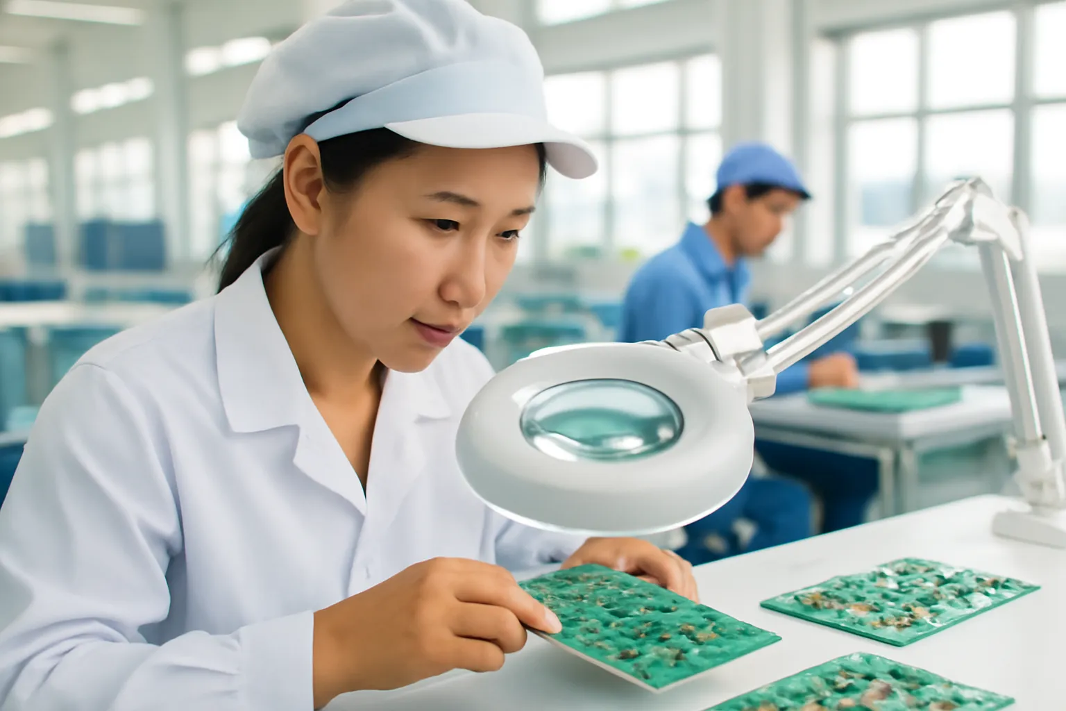 Kỹ sư kiểm tra chất lượng soi bảng mạch dưới đèn lúp trong xưởng điện tử