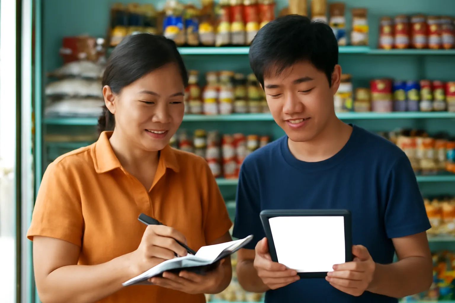 Bà chủ tiệm tạp hoá xem sổ nhập hàng cùng con trai cầm máy tính bảng