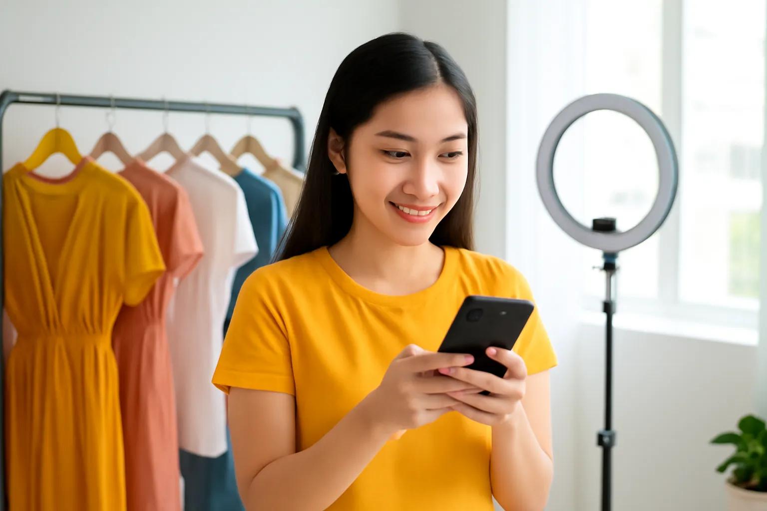 Cô chủ shop thời trang ghi ý tưởng video vào điện thoại trong studio nhỏ