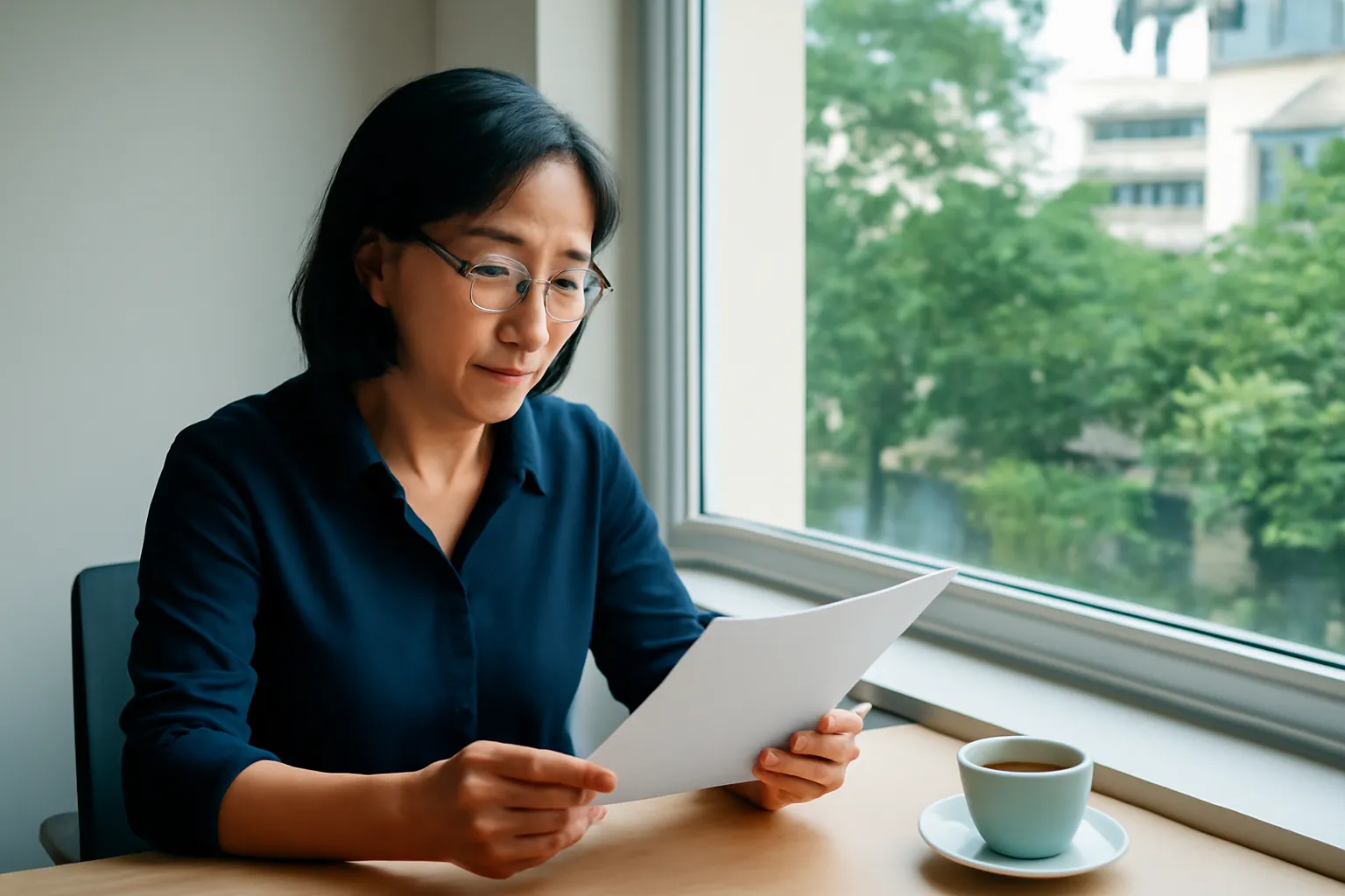 Nữ giám đốc trung niên đọc bản tóm tắt in bên cửa sổ văn phòng buổi sáng