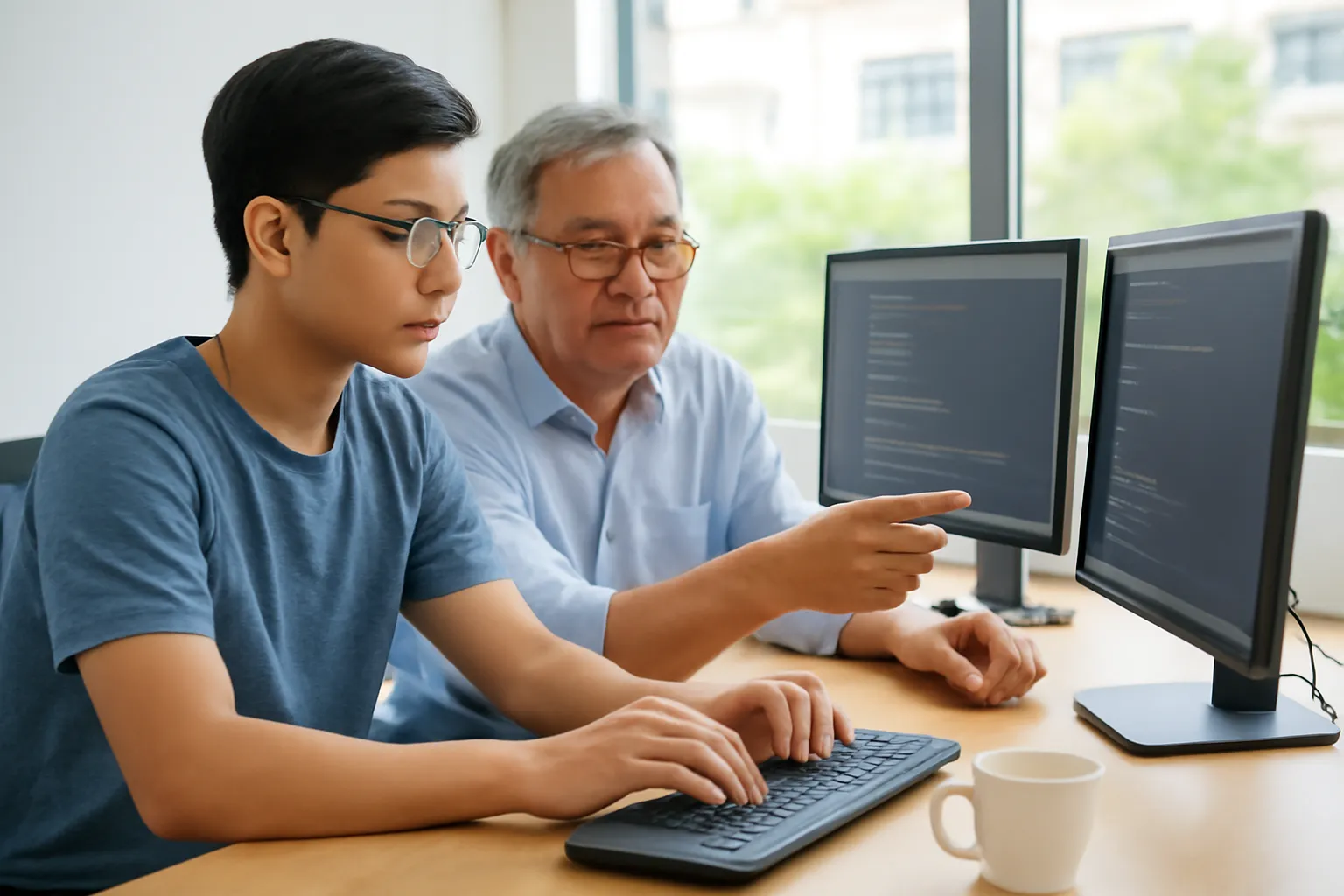 Sinh viên công nghệ và người hướng dẫn cùng lập trình trong văn phòng sáng